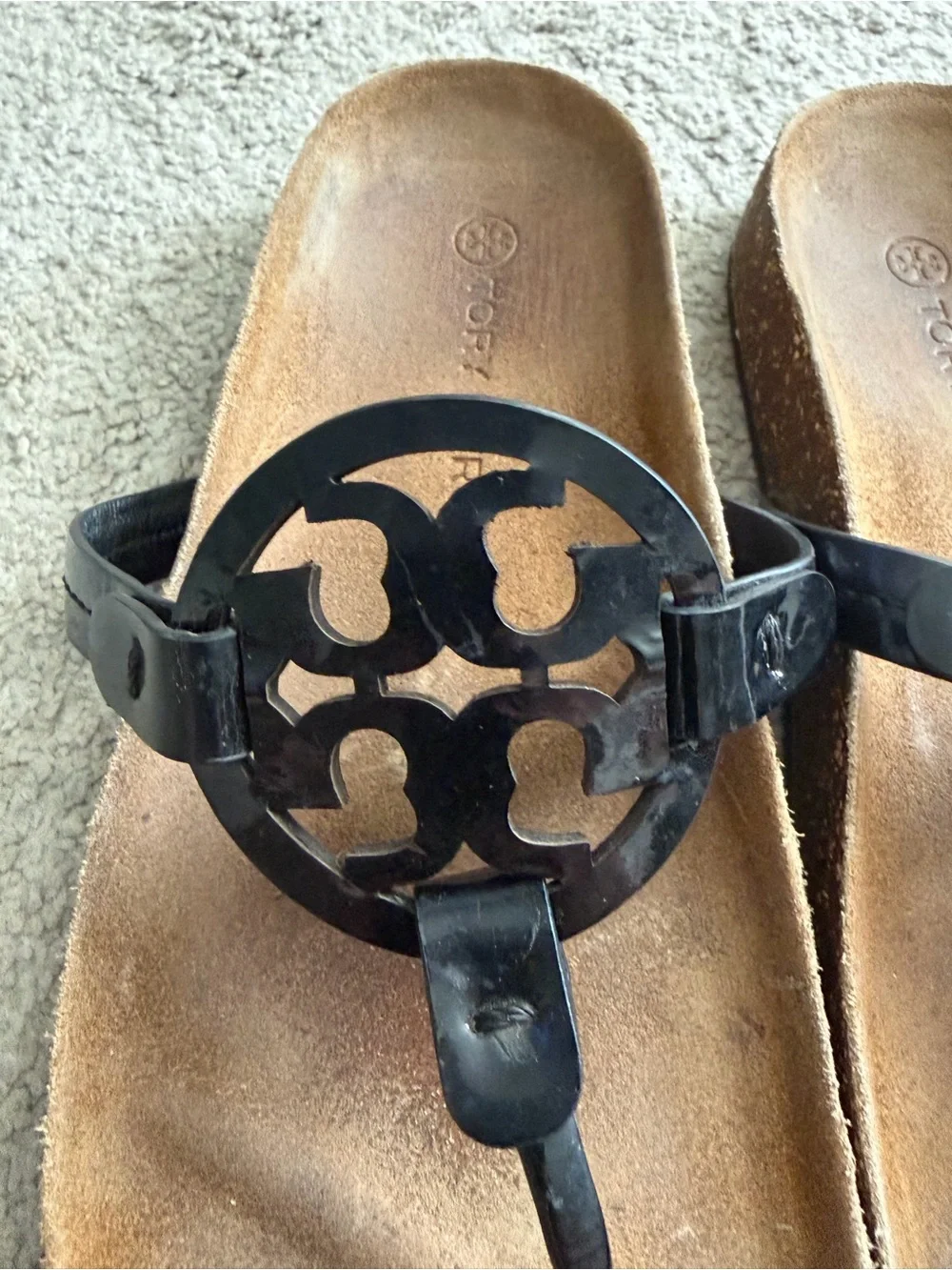 Tory Burch Miller Cloud Black Patent Leather Sz 8 Sandal w/ Brown Cork Footbed